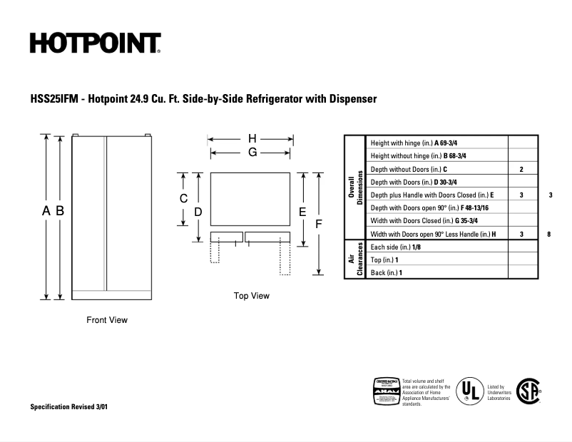 Page 1 de la notice Fiche technique Hotpoint HSS25IFMCC