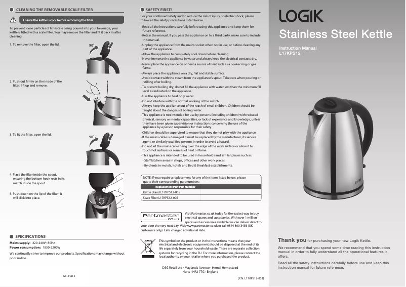 Page 1 de la notice Manuel utilisateur Logik L17KPS12