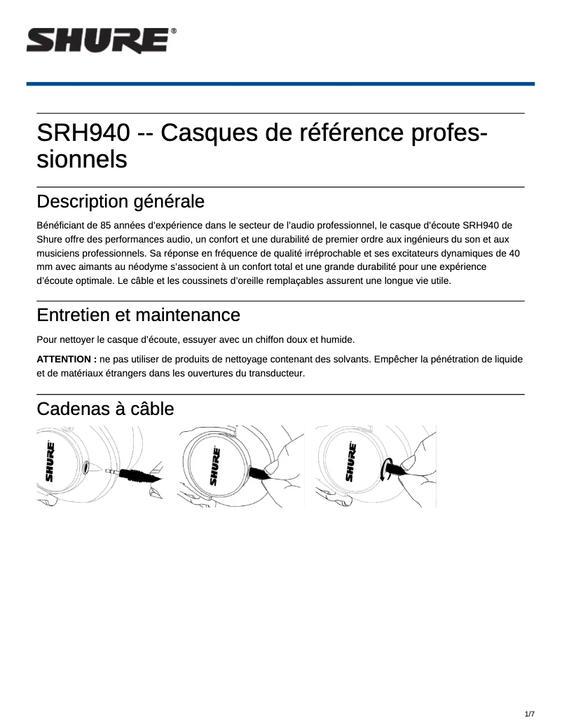 Page n°1 - Manuel utilisateur Shure SRH940