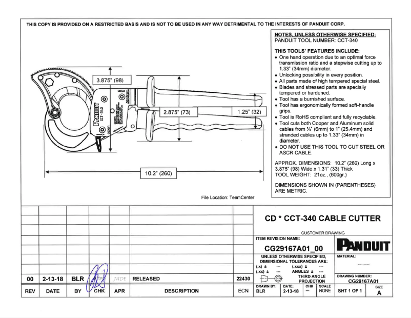 Page 1 de la notice Dessin technique Panduit CCT-340