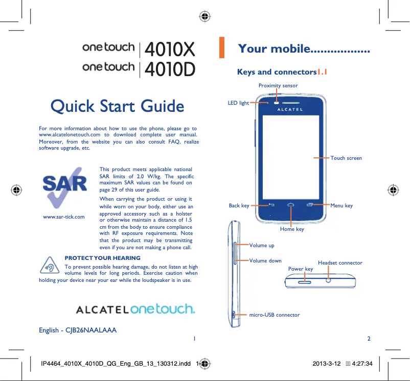Page 1 de la notice Guide de démarrage rapide Alcatel 4010