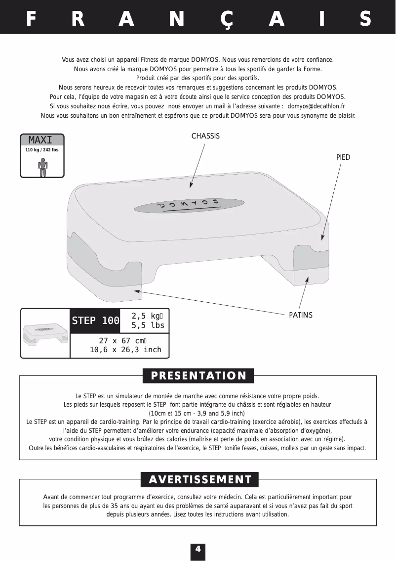 Page 1 de la notice Manuel utilisateur Domyos Step 100