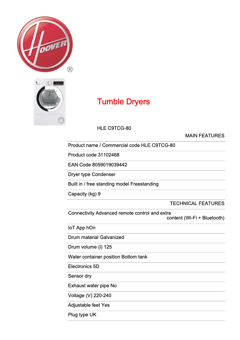 Page 1 de la notice Fiche technique Hoover HLE C9TCG-80