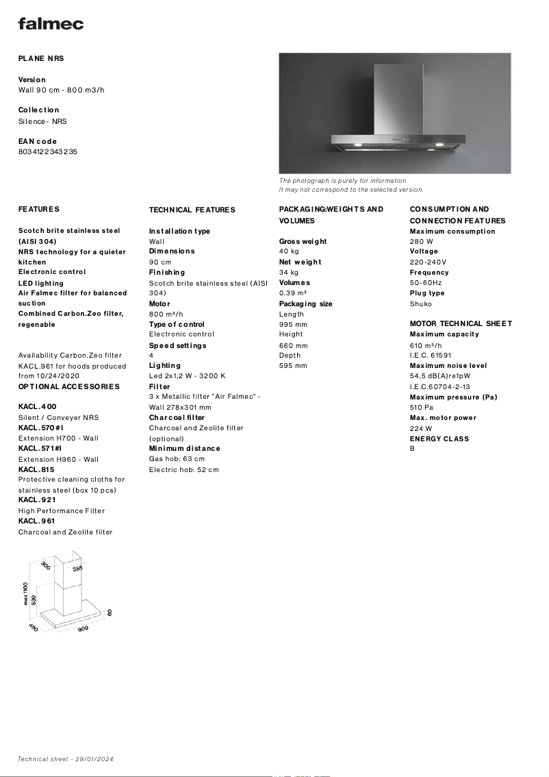 Page 1 de la notice Fiche technique Falmec Plane NRS
