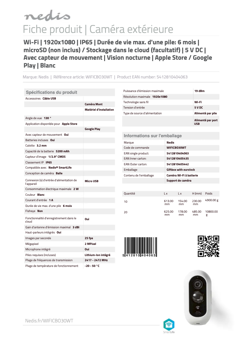 Page n°1 - Fiche technique Nedis WIFICBO30WT