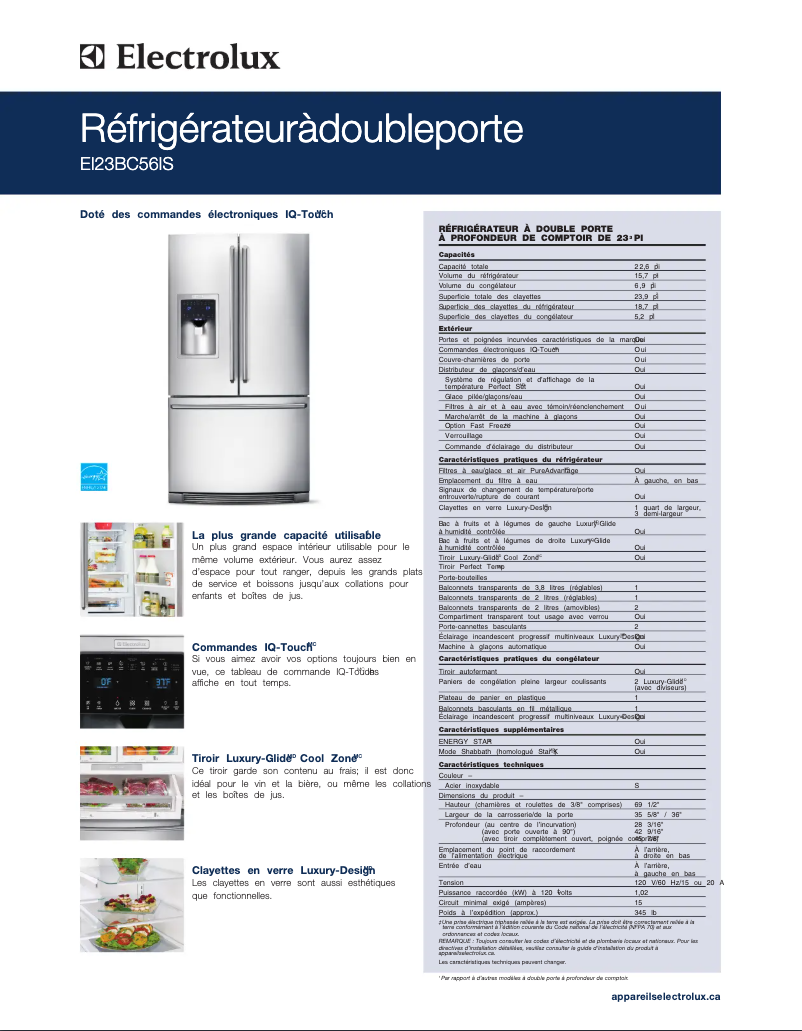 Page 1 de la notice Fiche technique Electrolux EI23BC56IB
