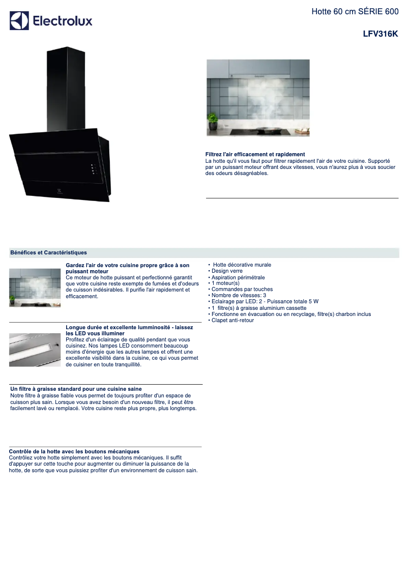 Page 1 de la notice Fiche technique Electrolux LFV316K