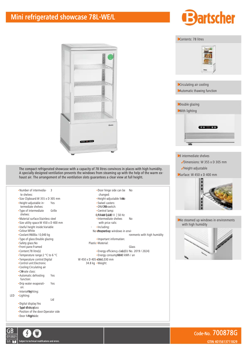 Page n°1 - Fiche technique Bartscher 700878G