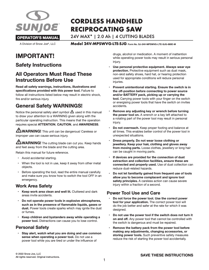 Page 1 de la notice Manuel utilisateur Sun Joe 24V-MPSWVG-LTE-SJG