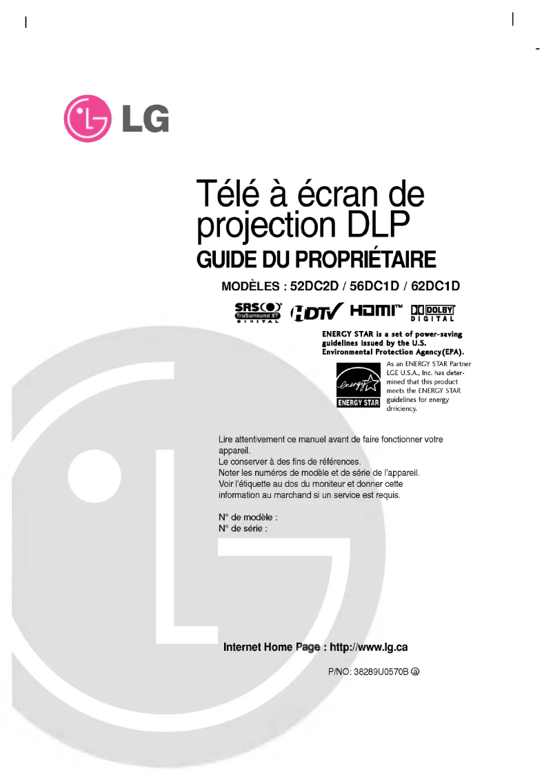 Page 1 de la notice Manuel utilisateur LG 62DC1D