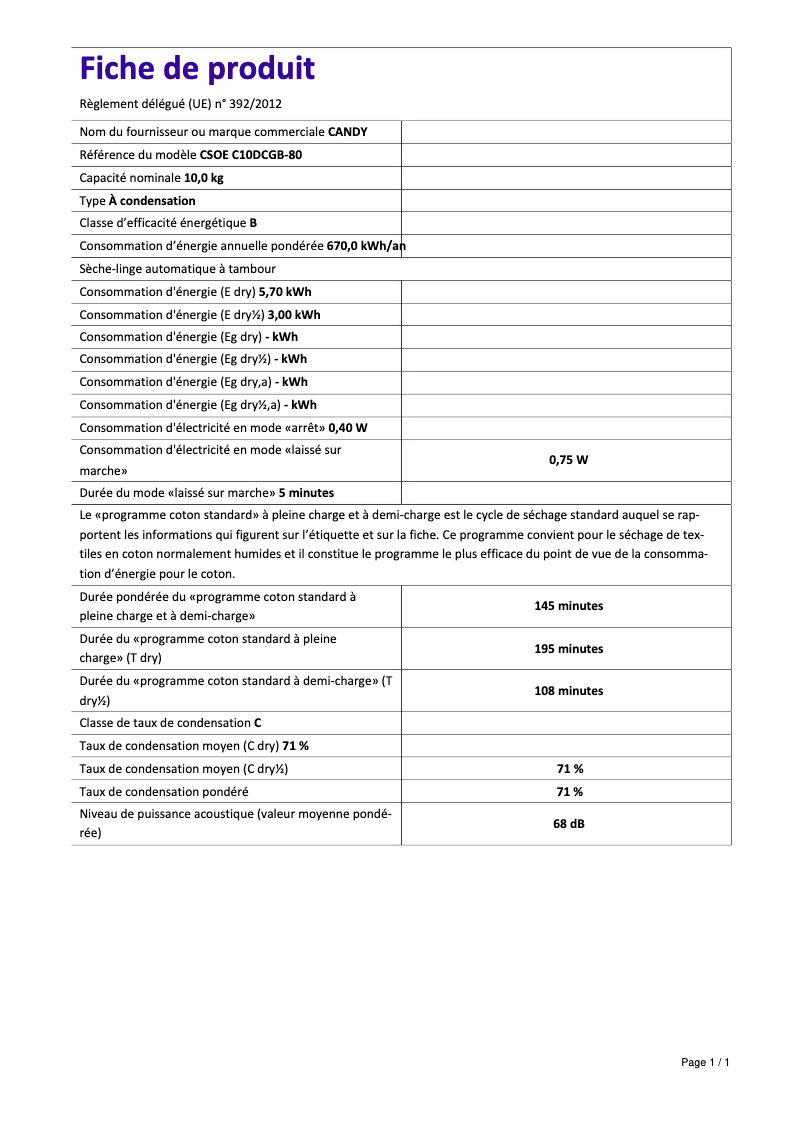 Page 1 de la notice Fiche technique Candy CSOE C10DCGB-80
