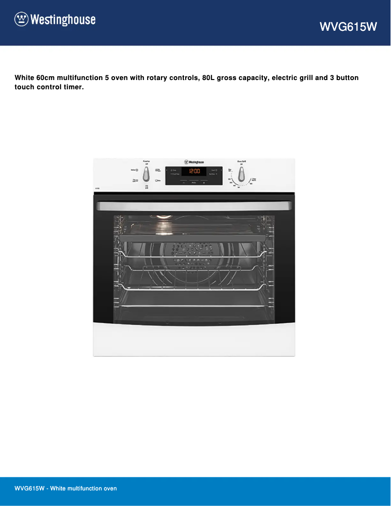 Page 1 de la notice Fiche technique Westinghouse WVG615W
