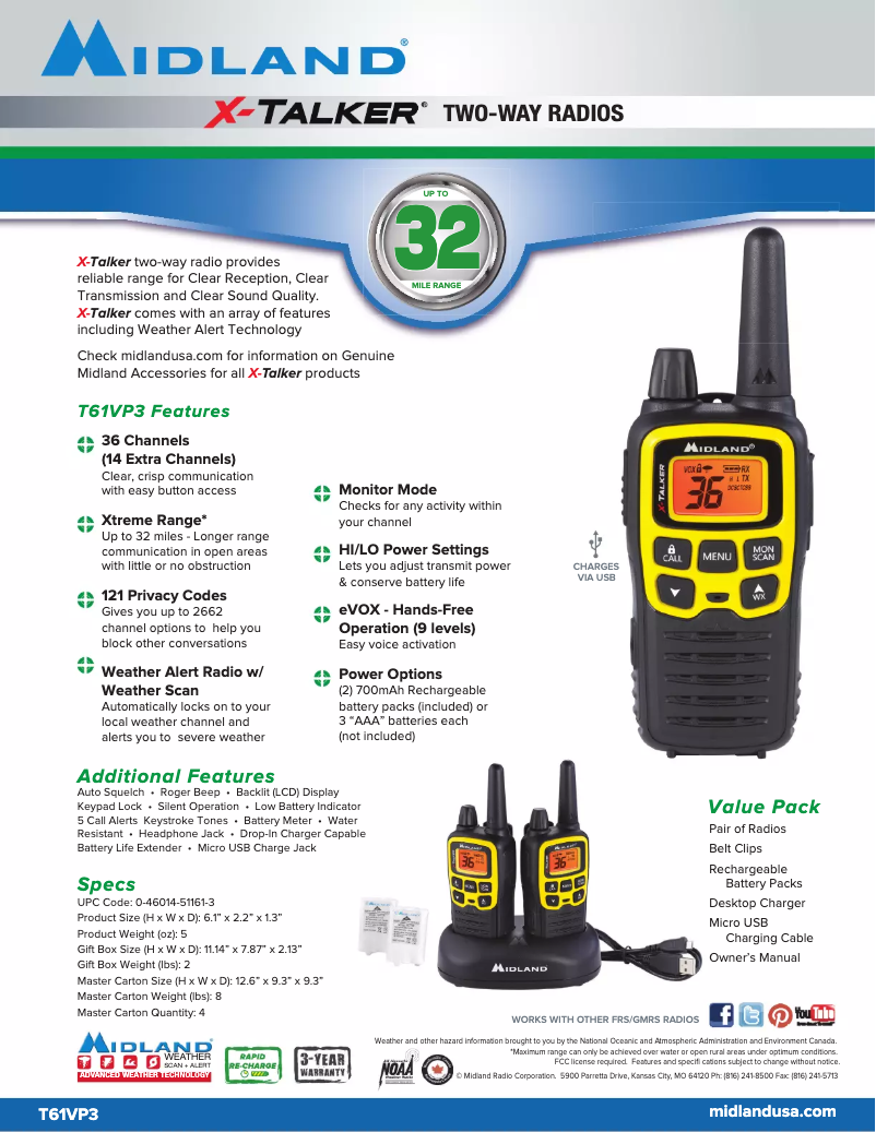 Page 1 de la notice Fiche technique Midland X-Talker T61VP3