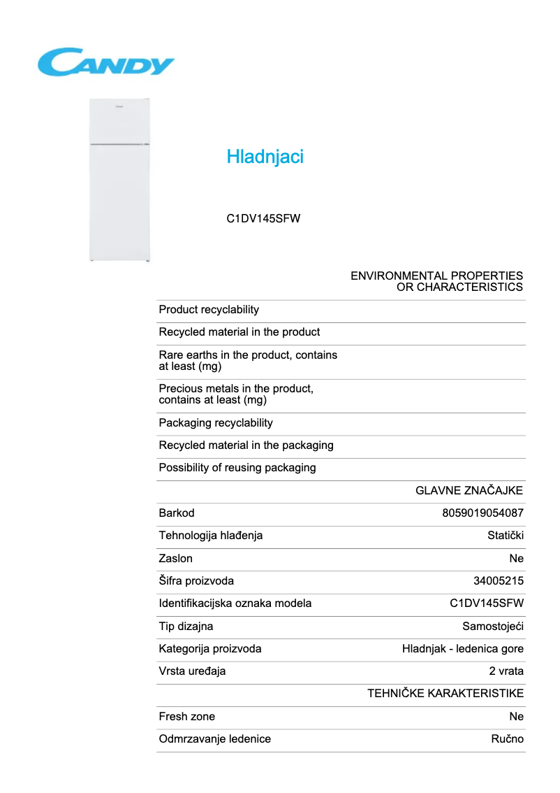 Page 1 de la notice Fiche technique Candy C1DV145SFW