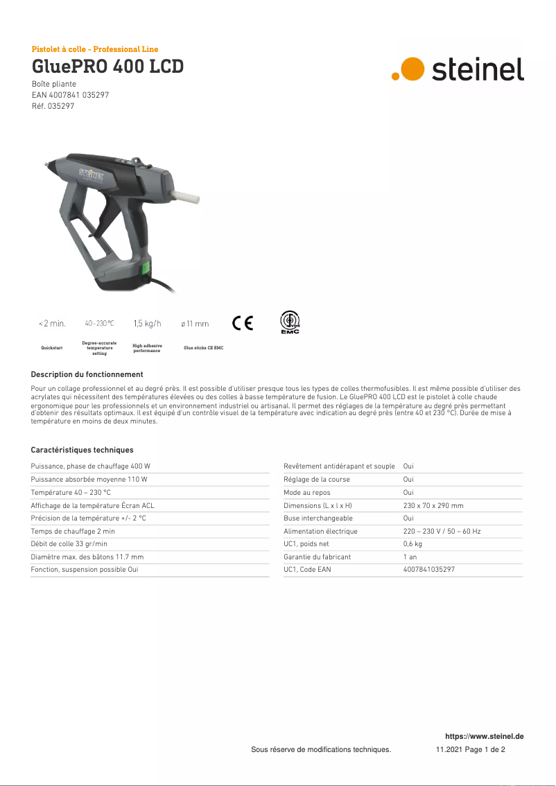 Page n°1 - Fiche technique Steinel GluePRO 400 LCD