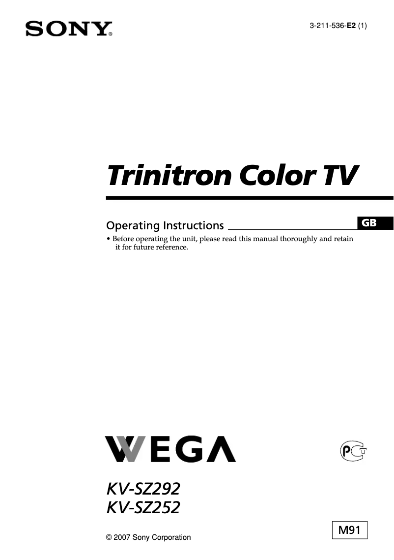 Page n°1 - Manuel utilisateur Sony KV-SZ292M91