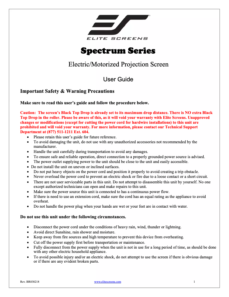 Page 1 de la notice Manuel utilisateur Elite Screens Electric84H