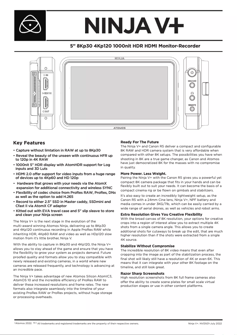 Page 1 de la notice Fiche technique Atomos Ninja V+