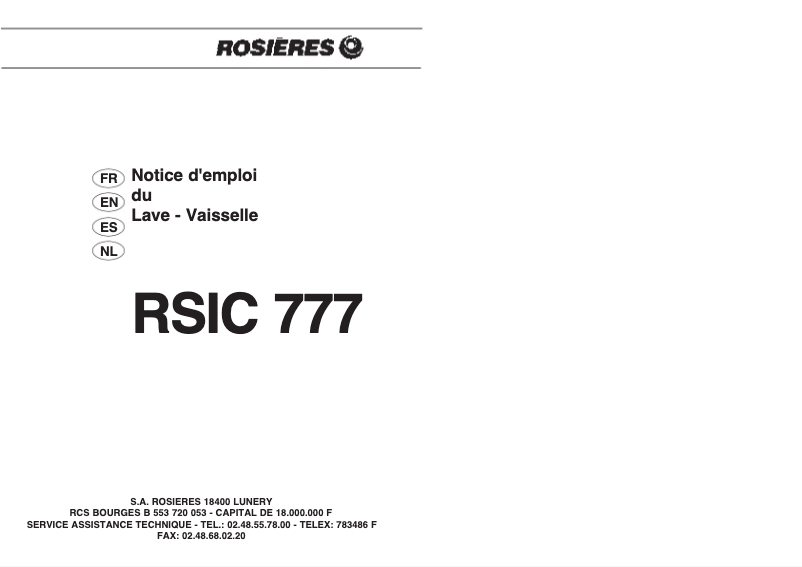 Page 1 de la notice Manuel utilisateur Rosieres LS RSIC777RB