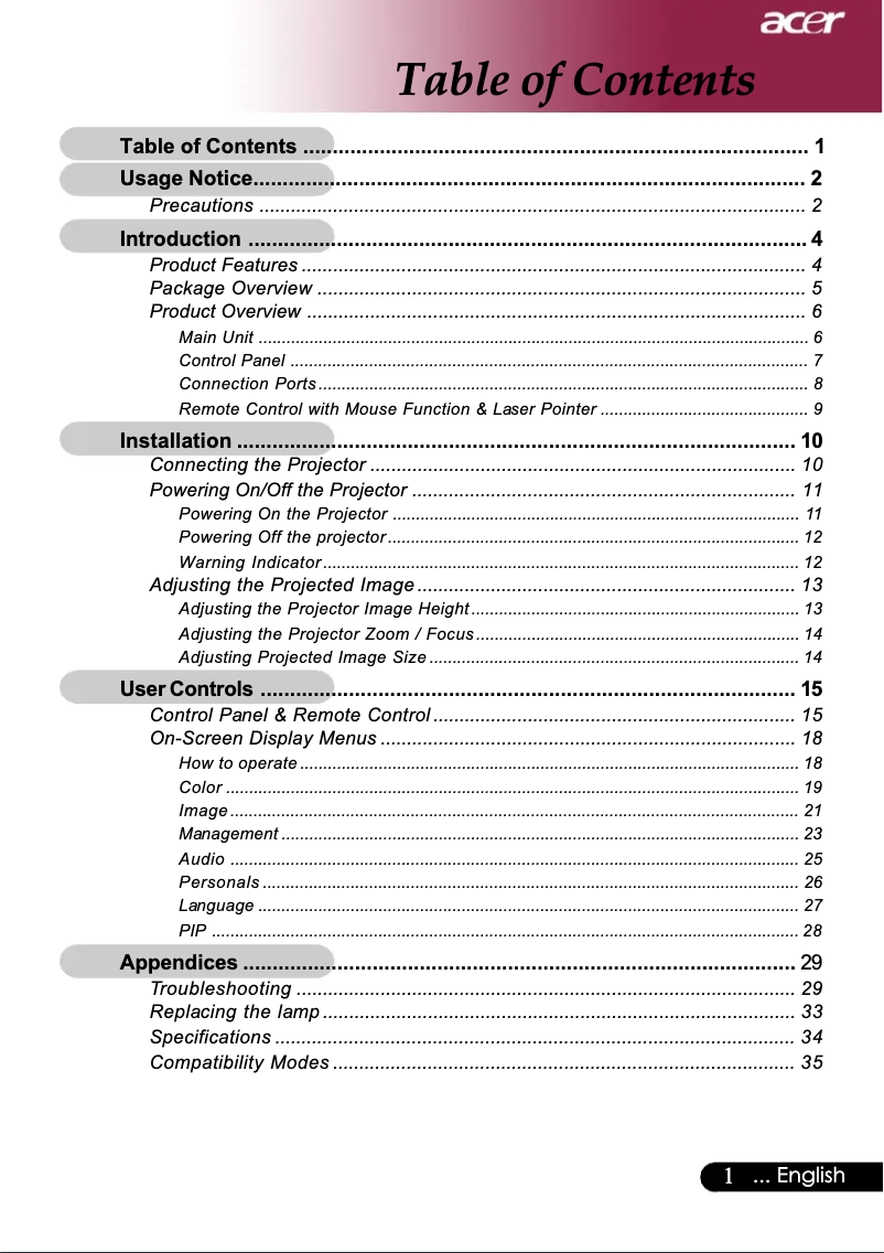 Page 1 de la notice Manuel utilisateur Acer Professional PD725P