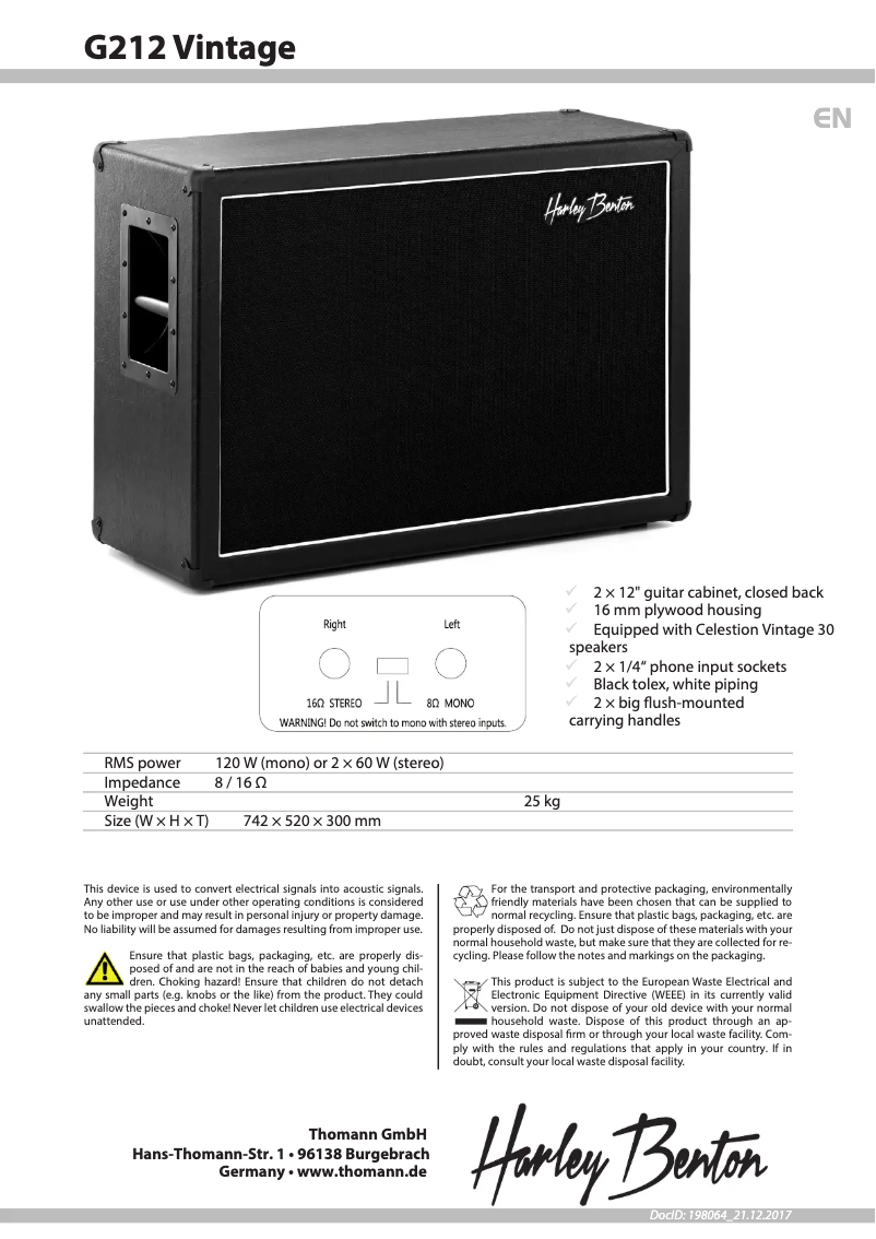 Página 1 del manual Manual de usuario Harley Benton G212 Vintage