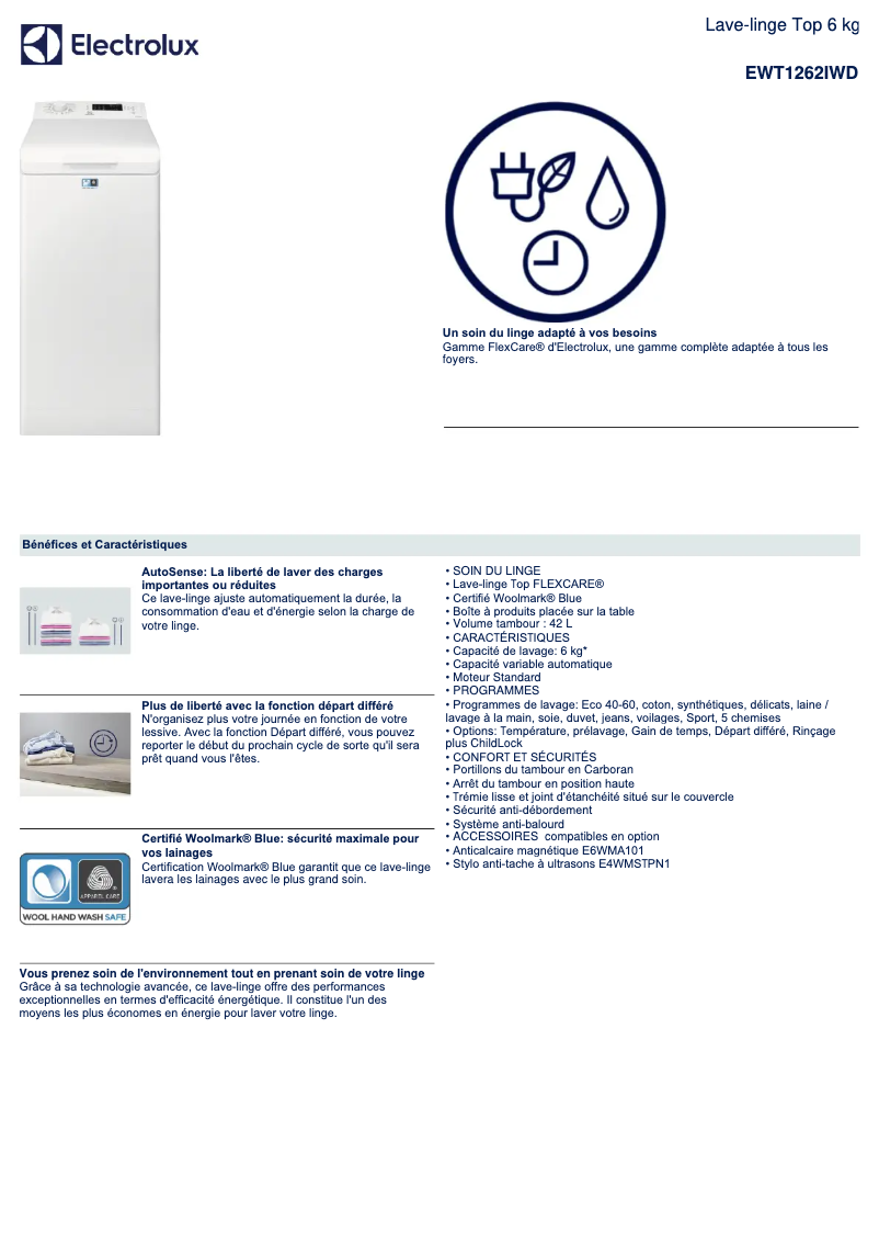 Page 1 de la notice Fiche technique Electrolux EWT1262IWD