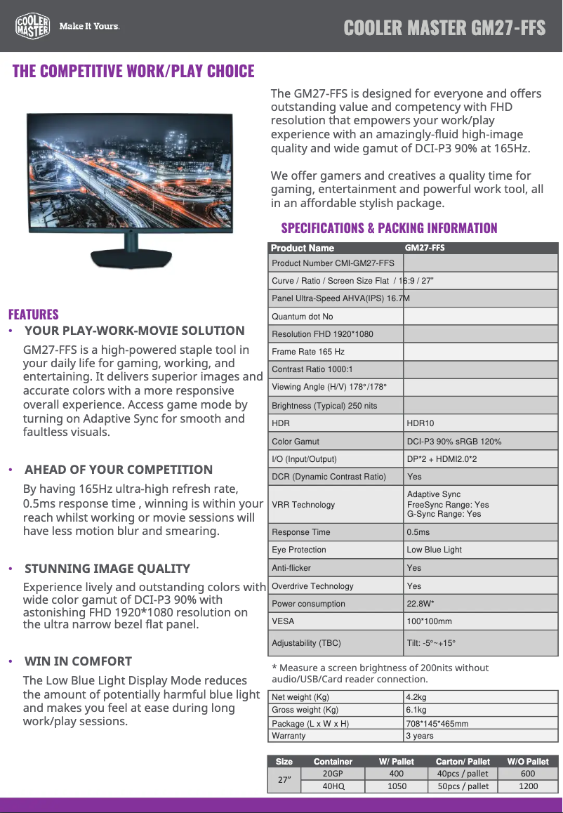 Page 1 de la notice Fiche technique Cooler Master GM27-FFS