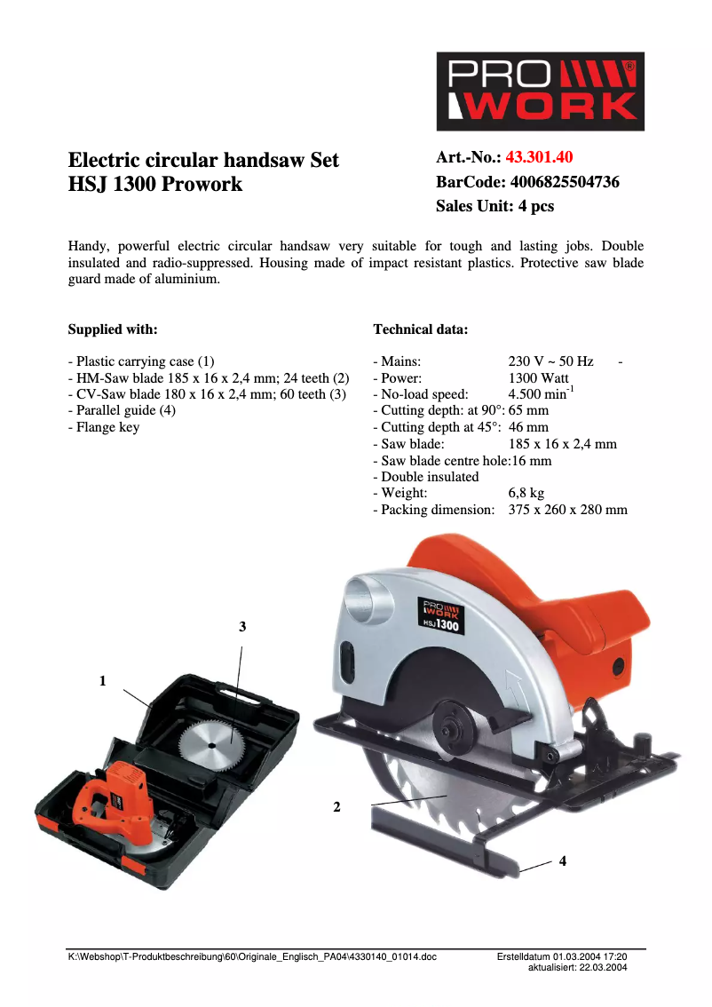 Page n°1 - Fiche technique Prowork HSJ 1300