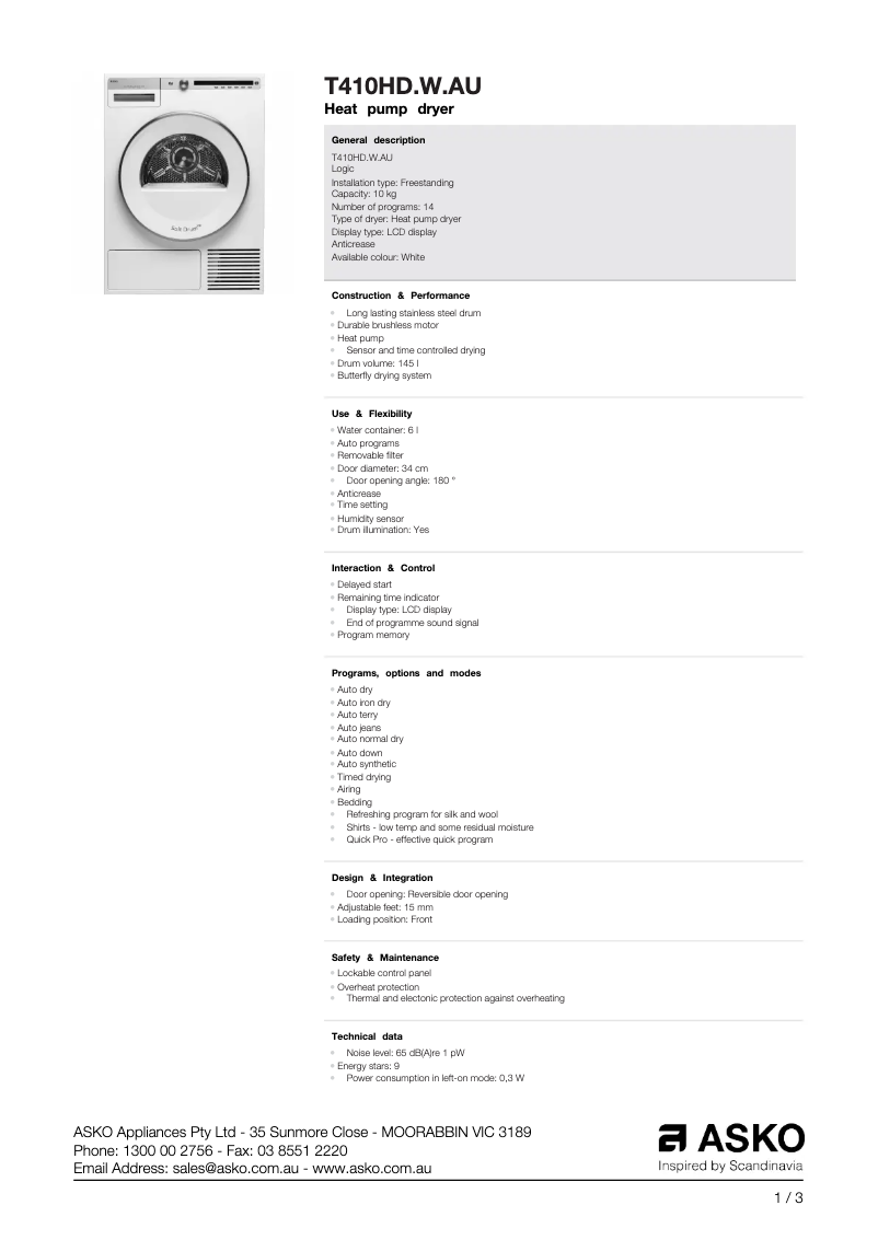 Página 1 del manual Ficha técnica Asko T410HD.W.AU