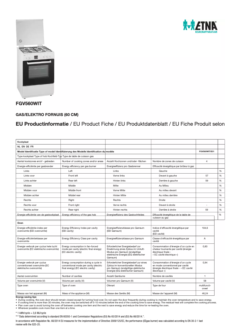 Page 1 de la notice Fiche technique Etna FGV560WIT