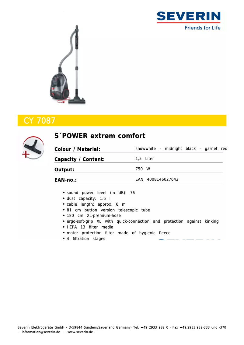 Page 1 de la notice Fiche technique Severin CY 7087