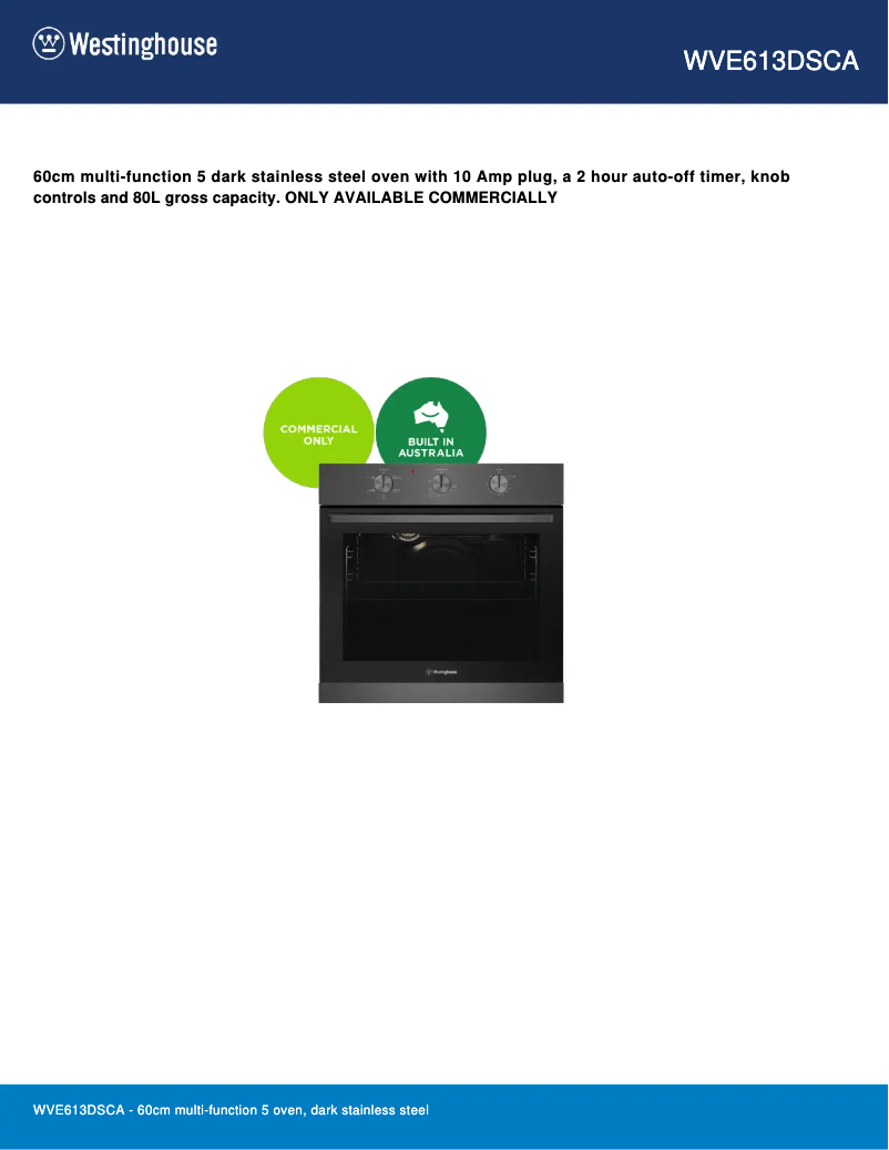 Page 1 de la notice Fiche technique Westinghouse WVE613DSCA