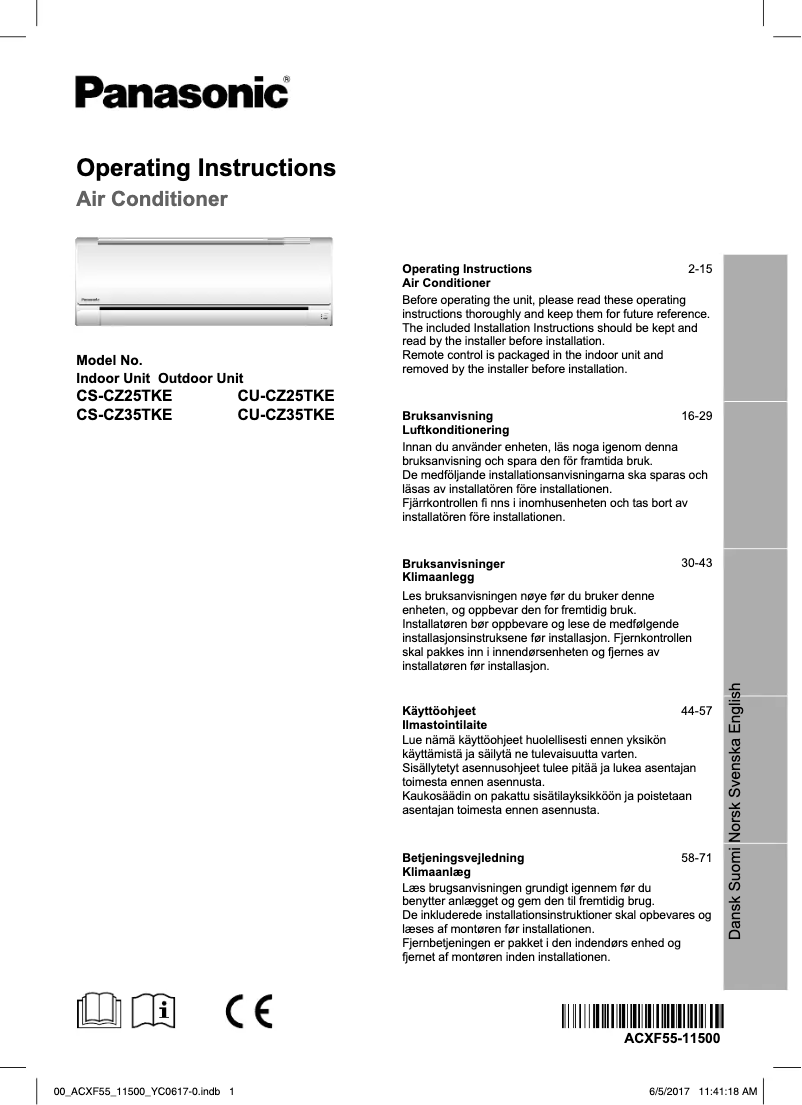 Page 1 de la notice Manuel utilisateur Panasonic CS-CZ25TKE
