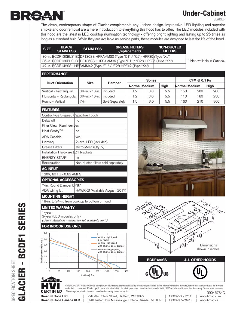 Página 1 del manual Ficha técnica Broan BCDF130SS