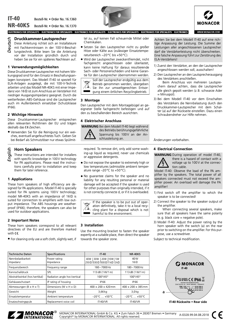 Page 1 de la notice Manuel utilisateur Monacor NR-40KS