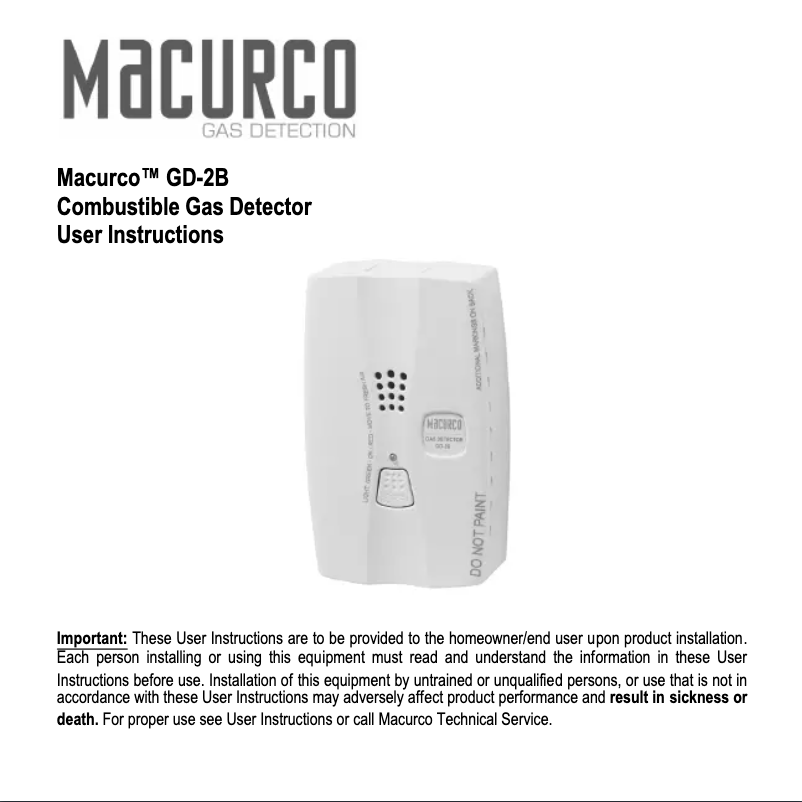 Page 1 de la notice Manuel utilisateur Macurco GD-2B