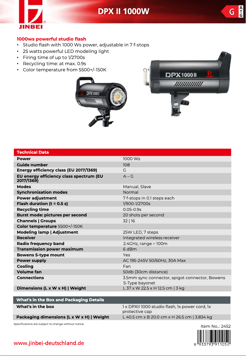 Page 1 de la notice Fiche technique Jinbei DPX1000II
