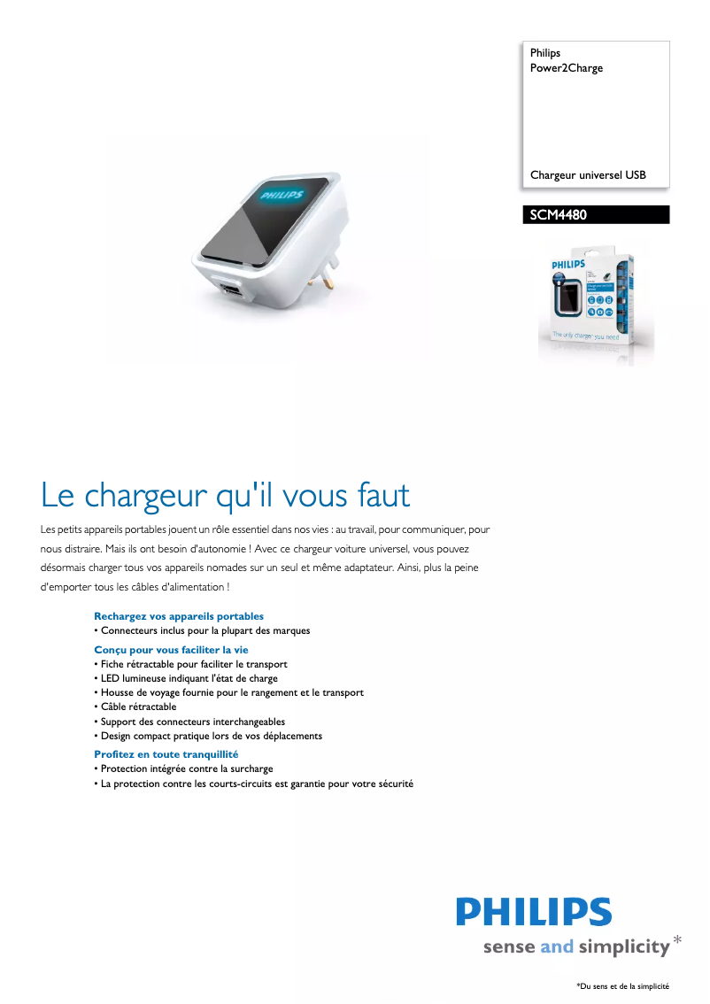 Page 1 de la notice Fiche technique Philips Power2Charge SCM4480