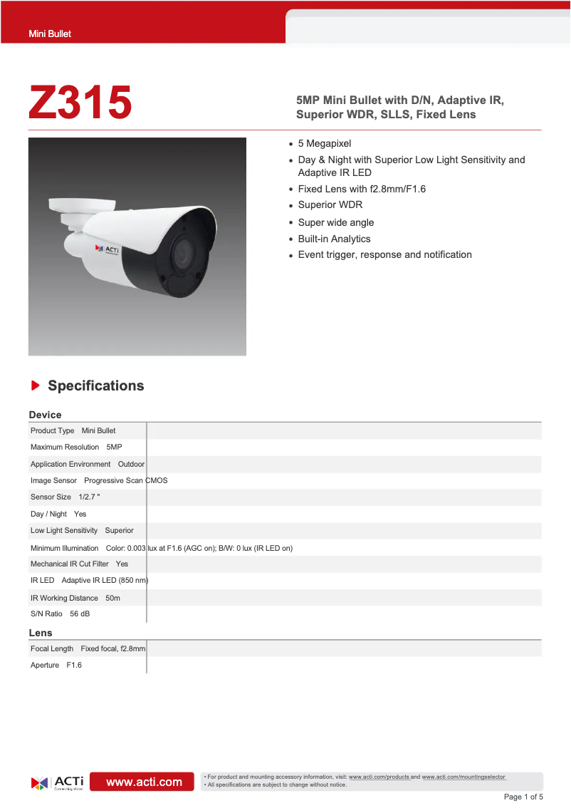 Page 1 de la notice Fiche technique ACTi Z315