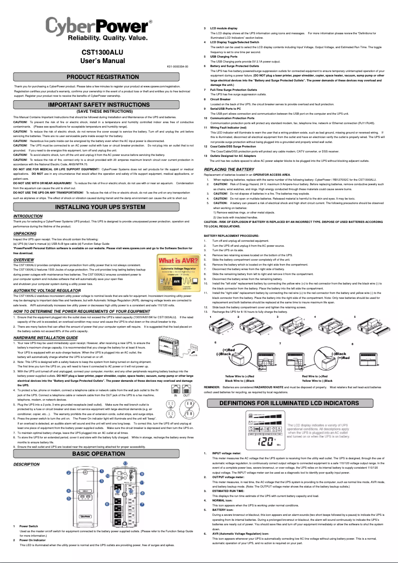 Page 1 de la notice Manuel utilisateur CyberPower CST1300ALU