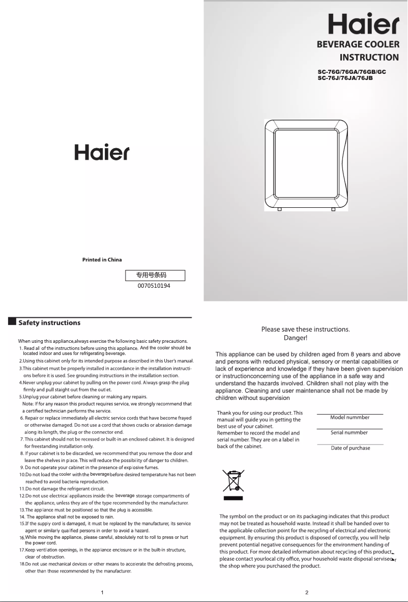 Page 1 de la notice Manuel utilisateur Candy SC-76J