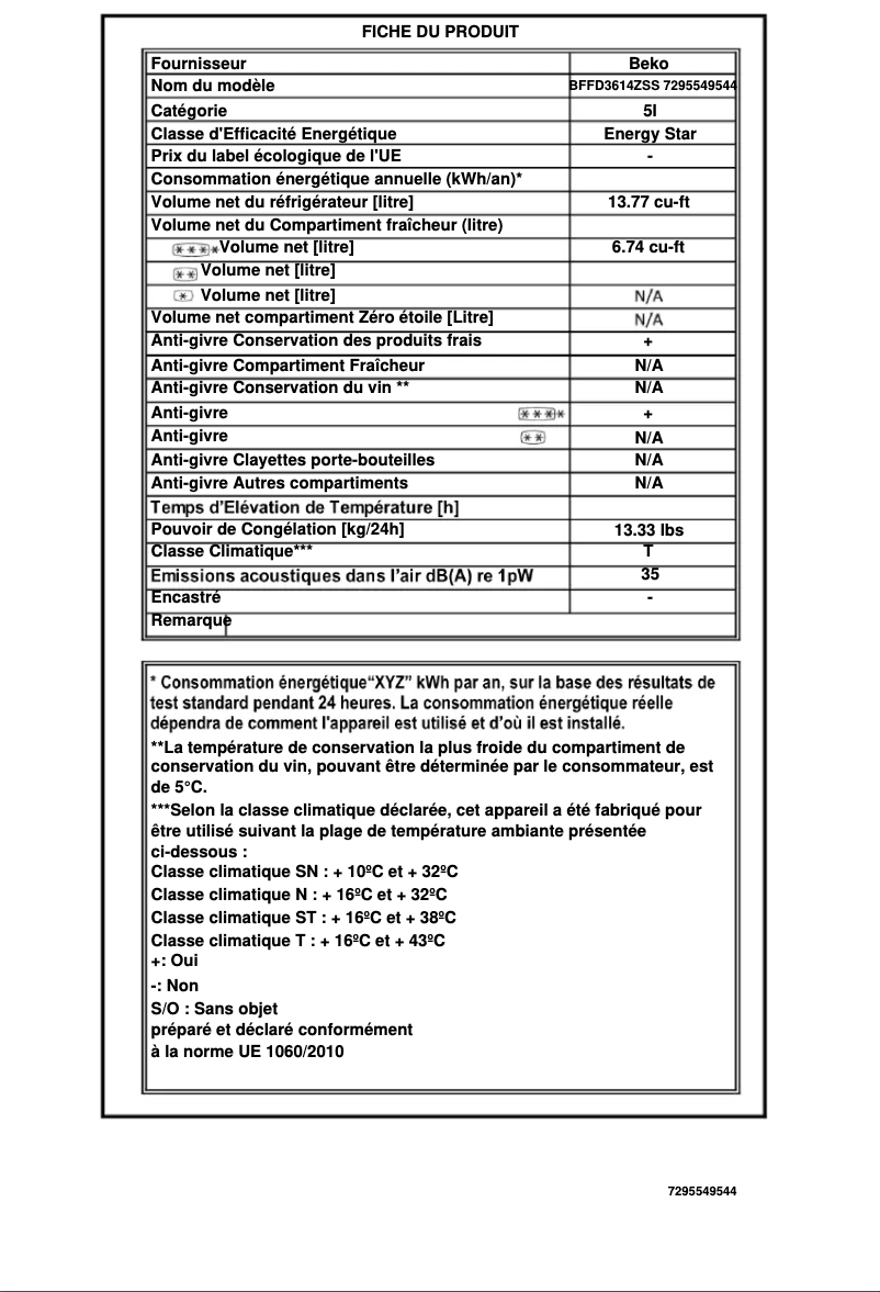 Page 1 de la notice Fiche technique Beko BFFD3614ZSS