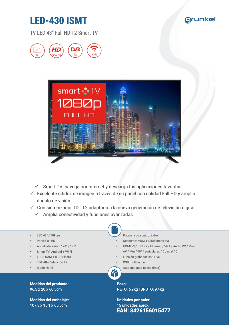 Page 1 de la notice Fiche technique Grunkel LED-430 ISMT