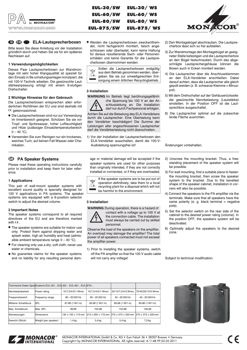Page n°1 - Manuel utilisateur Monacor EUL-80/WS