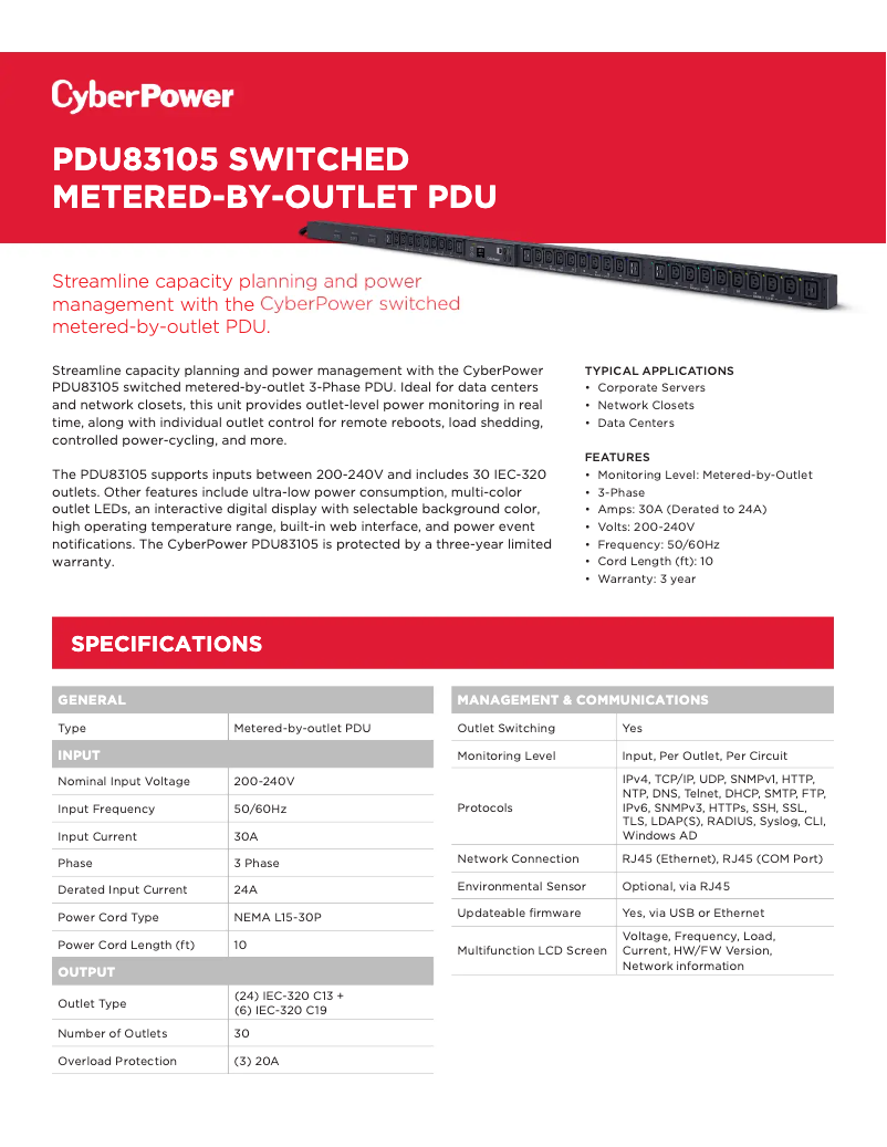 Page 1 de la notice Fiche technique CyberPower PDU83105