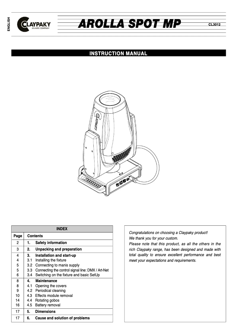 Page 1 of the manual User Manual Claypaky Arolla Spot MP