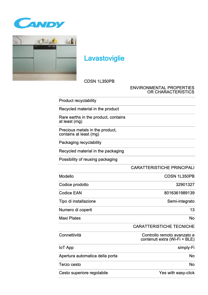 Page 1 de la notice Fiche technique Candy CDSN 1L350PB