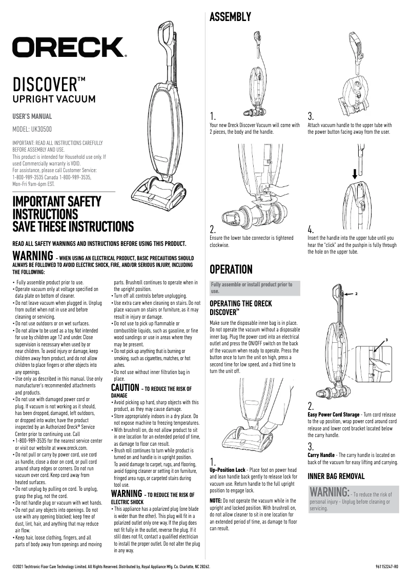 Página 1 del manual Manual de usuario Oreck Discover UK30500