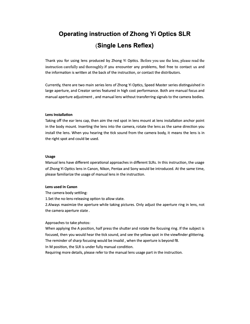 Page 1 de la notice Manuel utilisateur Zhong Yi Optics Mitakon Creator 85mm f/2.8 1-5X Super Macro