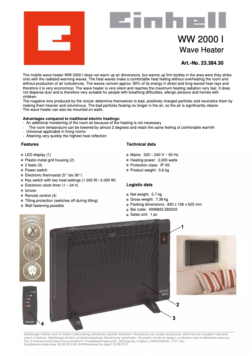 Page n°1 - Manuel utilisateur Einhell WW 2000 I